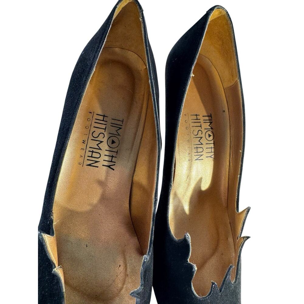 Vintage Timothy Hitsman Women Suede Leather Heels Scalloped Waves Black 6.5M - Picture 12 of 14